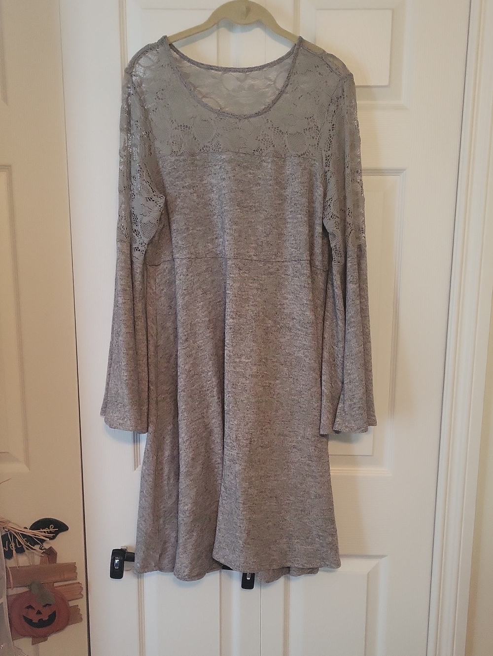 Gray Lace Yoke Long Sleeve Women's Dress
